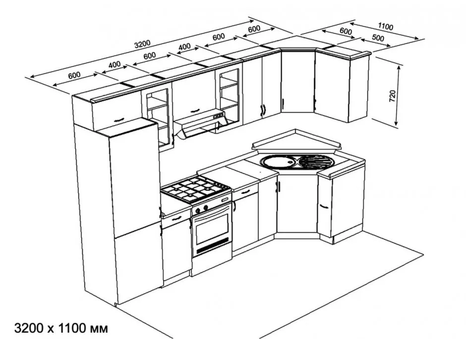 Кухонный мебель угловой 210х200 чертеж с размерами