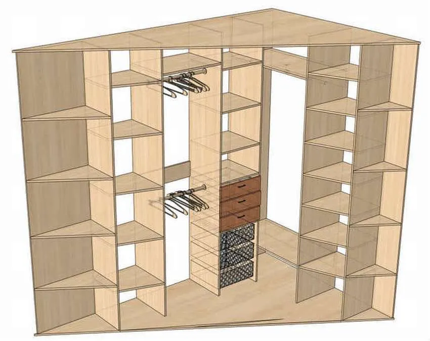Диагональный шкаф внутри