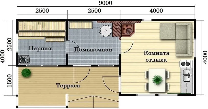 Проект каркасной бани под ключ 4х9 м с комнатой отдыха и террасой